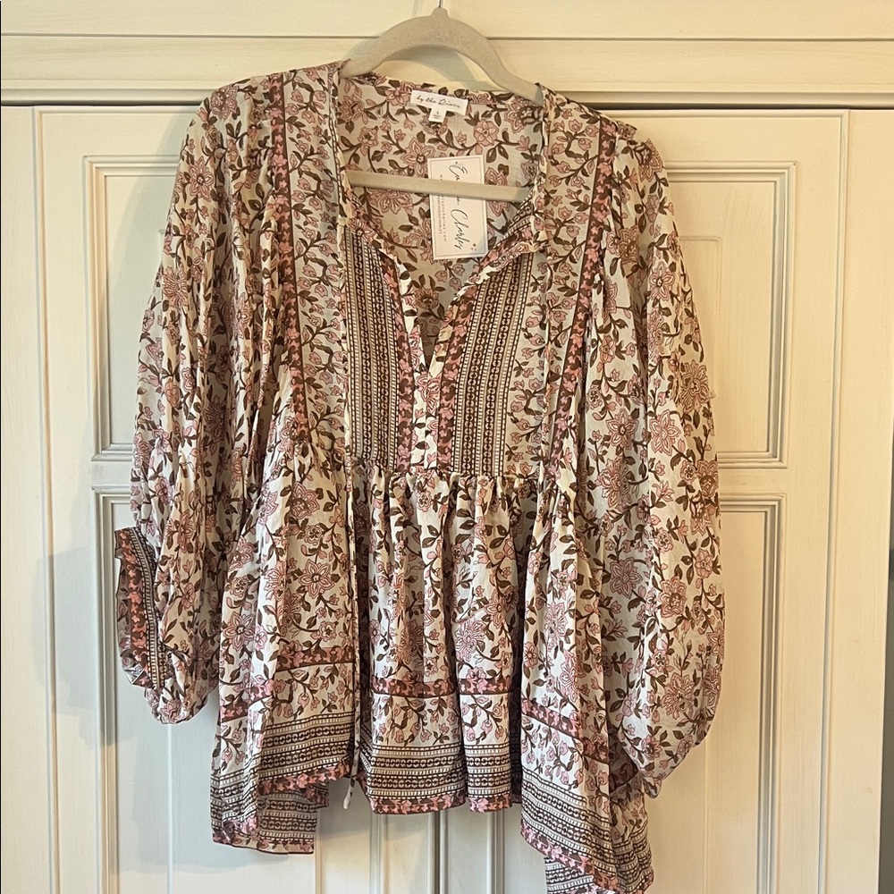 Floral Bohemian Blouse - Cream and Brown